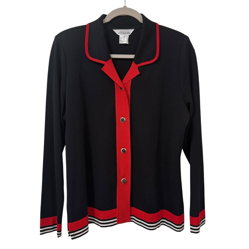 Misook knit jacket black red trim fold buttons MEDIUM career chic vintage